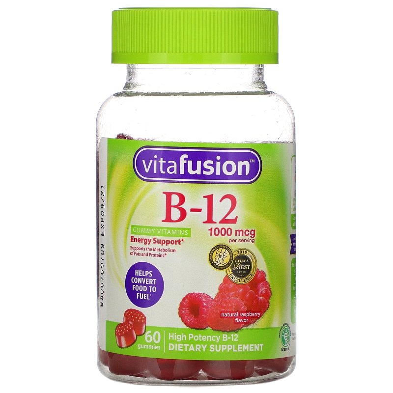 VitaFusion, Витамины B12 для взрослых, энергетическая поддержка, вкус натуральной малины, 1000 мкг, 60 конфет