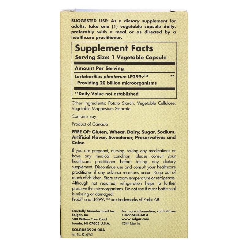 Solgar, Пробиотическая добавка Probi 20 Billion, 30 вегетарианских капсул