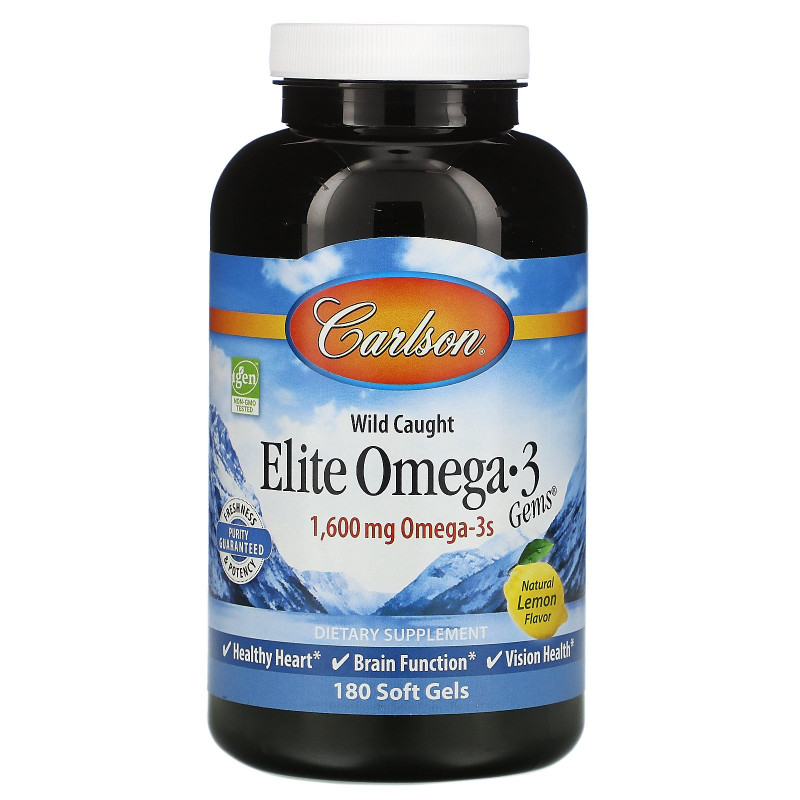 Carlson Labs, Пойманная в диких условиях рыба, Elite Omega-3 Gems, вкус натурального лимона, 1600 мг, 180 мягких таблетки