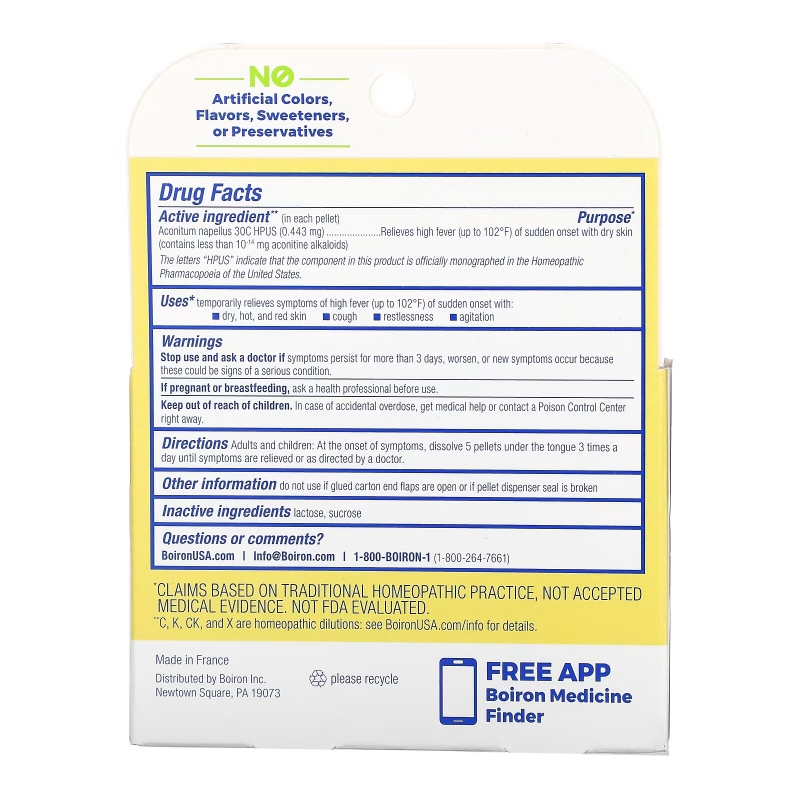 Boiron, Aconitum, лихорадка, гранулы Meltaway, 30C, 3 тюбика, 80 гранул в каждой