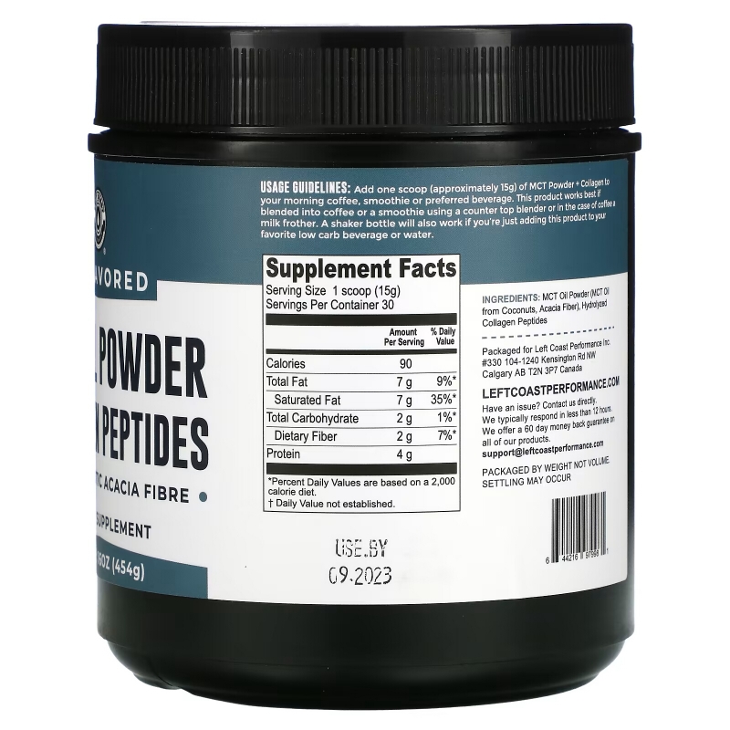 Left Coast Performance, MCT Oil Powder Collagen Peptides with Prebiotic Acacia Fibre, Unflavored, 16 oz (454 g)