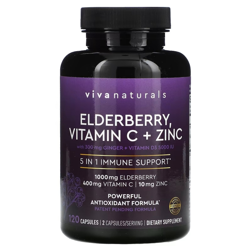 Viva Naturals, Elderberry, Vitamin C + Zinc, 5 in 1 Immune Support, 120 Capsules