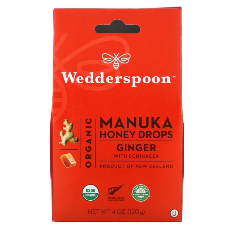 Wedderspoon Organic, Inc., Organic Manuka Honey Drops, Ginger with Echinacea, 4 oz (120 g)