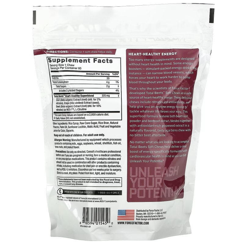 Force Factor, Total Beets, Healthy Energy + Antioxidants, Acai Berry, 325 mg, 60 Chews