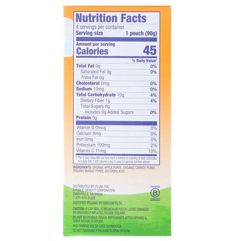 Plum Organics, Plum, Organic Mashups, Carroty Chop, 4 Pouches, 3.17 oz (90 g) Each