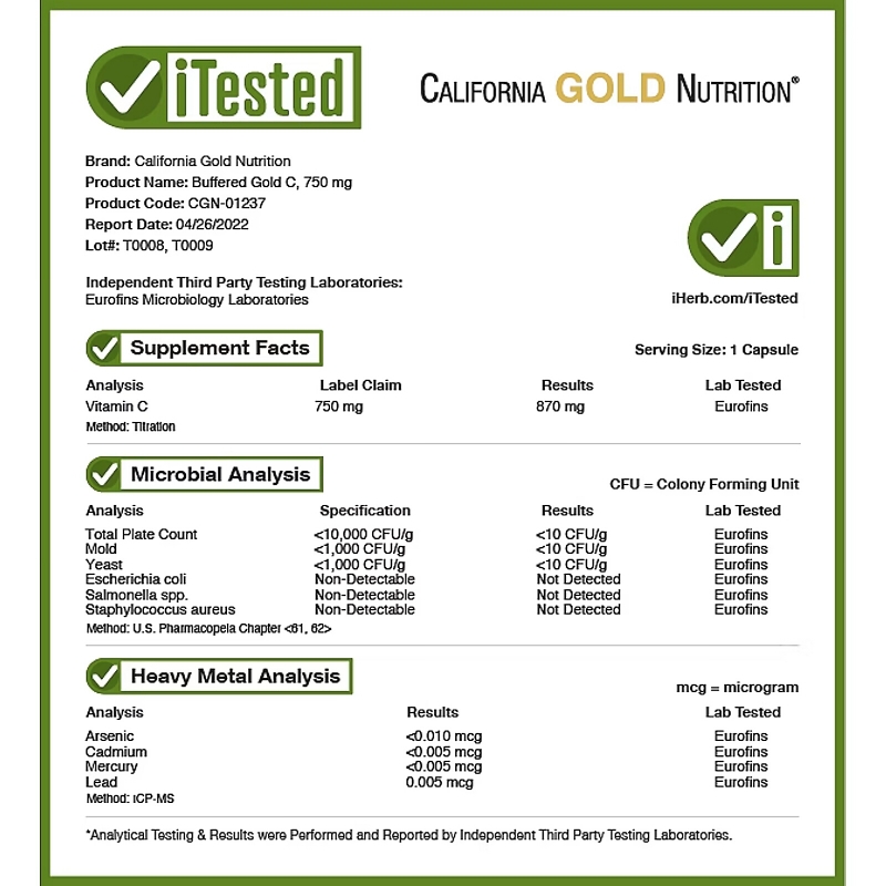 California Gold Nutrition, Buffered Gold C, Non-Acidic Vitamin C, 750 mg, 240 Растительных капсул